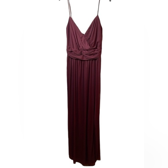 David’s Bridal Long V-Neck Maroon Dress with Leg Slit - Picture 1 of 12